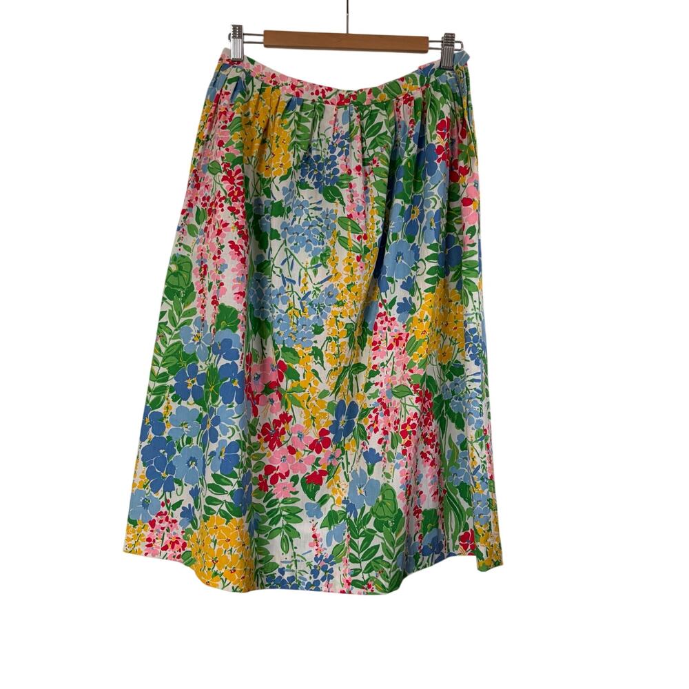 Vintage Bright Floral Midi Skirt with Pockets Gathered Waist Garden Print Womens
